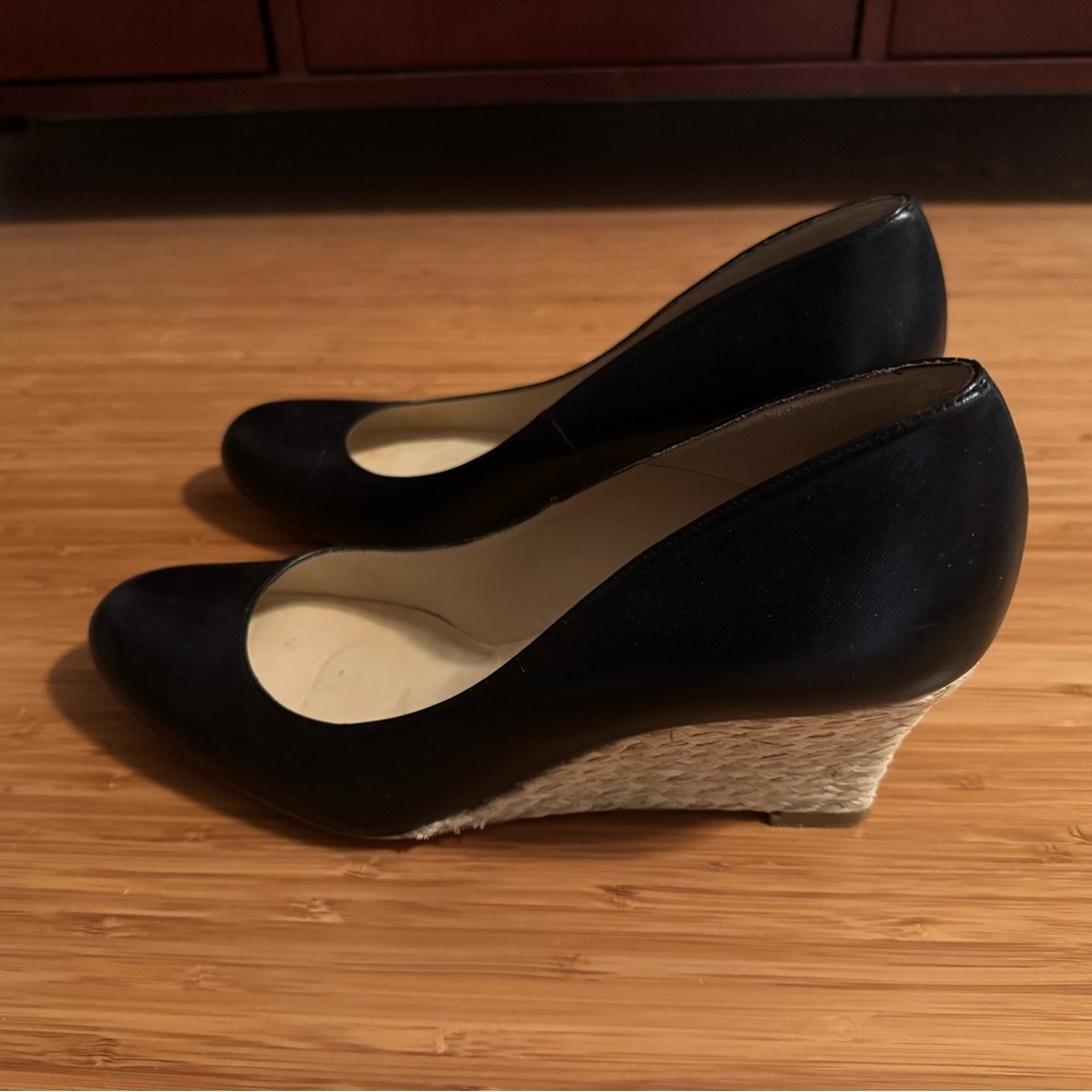 L.K. Bennett Maddox Black Leather Raffia Espadrille Heel Size 41 US 11